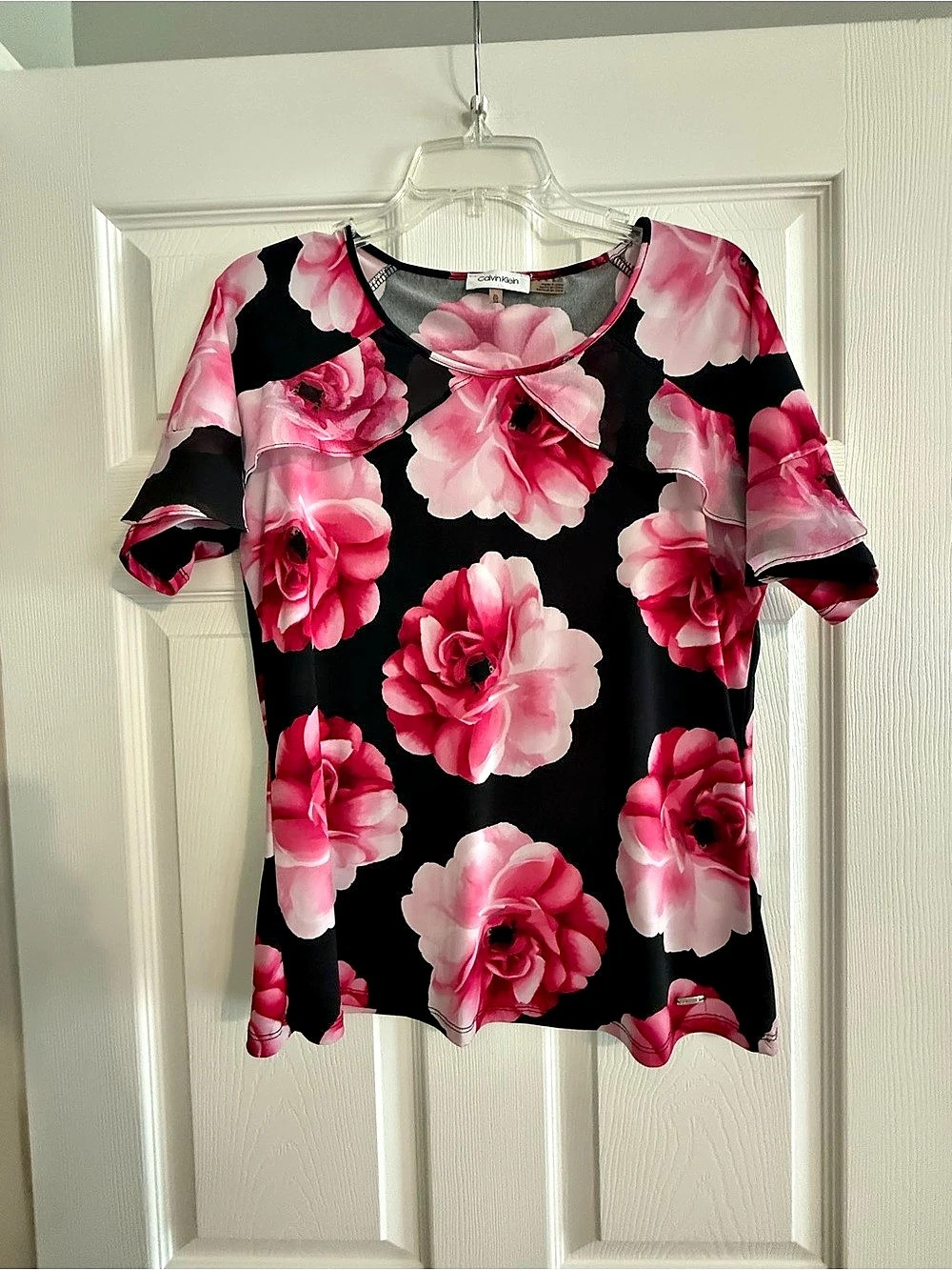 Calvin Klein Floral Short Sleeve Blouse Black & Pink XL Like New